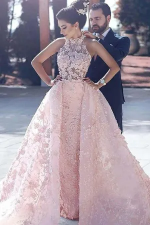 Luxury Pink Lace Wedding Dresses Halter Embroidery Slleveless Prom Dresses Evening Dress OK486