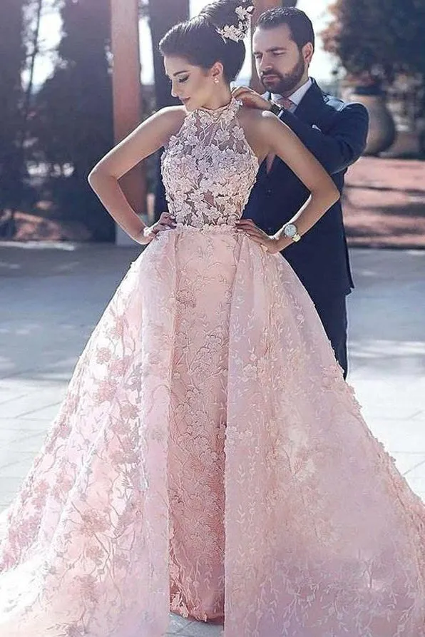 Luxury Pink Lace Wedding Dresses Halter Embroidery Slleveless Prom Dresses Evening Dress OK486