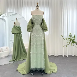 Luxury Sage Green Evening Dress with Cape