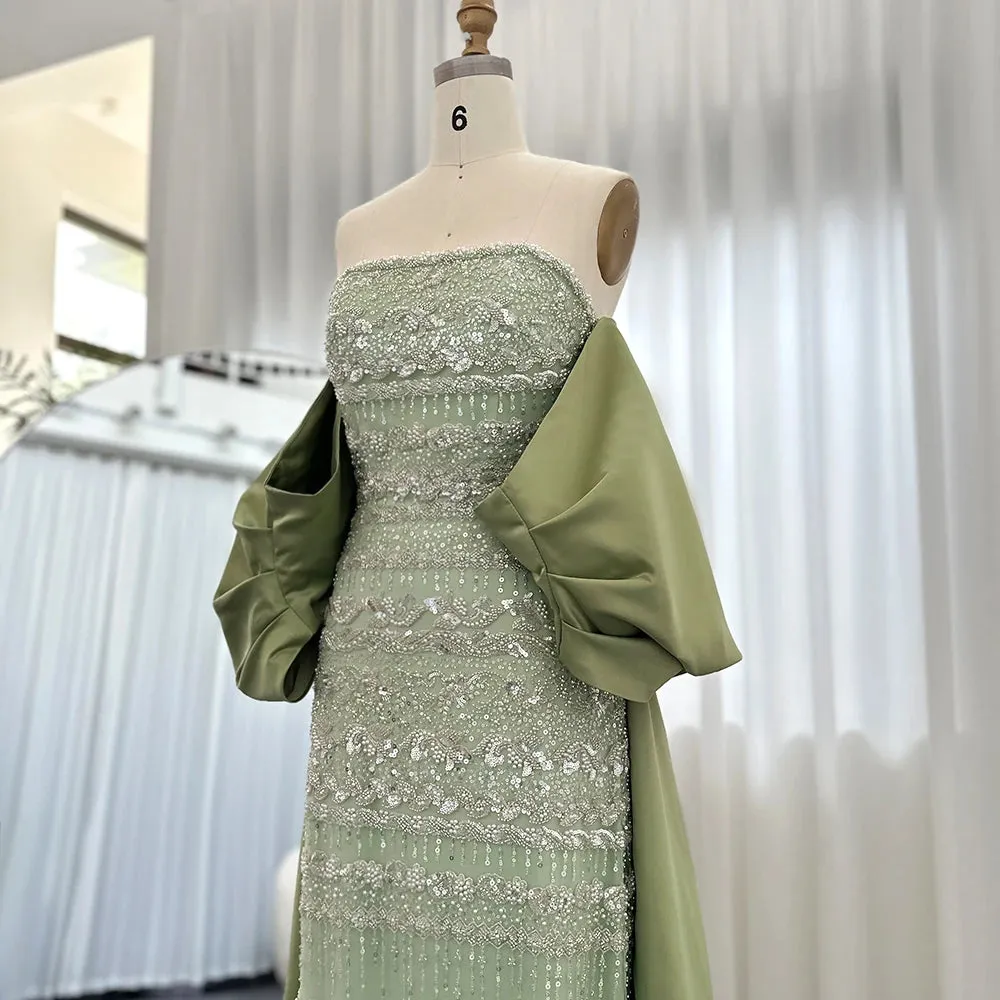 Luxury Sage Green Evening Dress with Cape