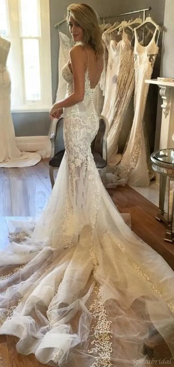 Luxury Spaghetti Straps Lace Mermaid Beach Long Wedding Dresses, WD0585