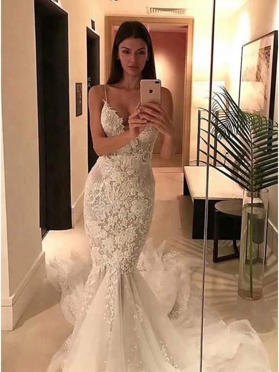 Luxury Spaghetti Straps Lace Mermaid Beach Long Wedding Dresses, WD0585