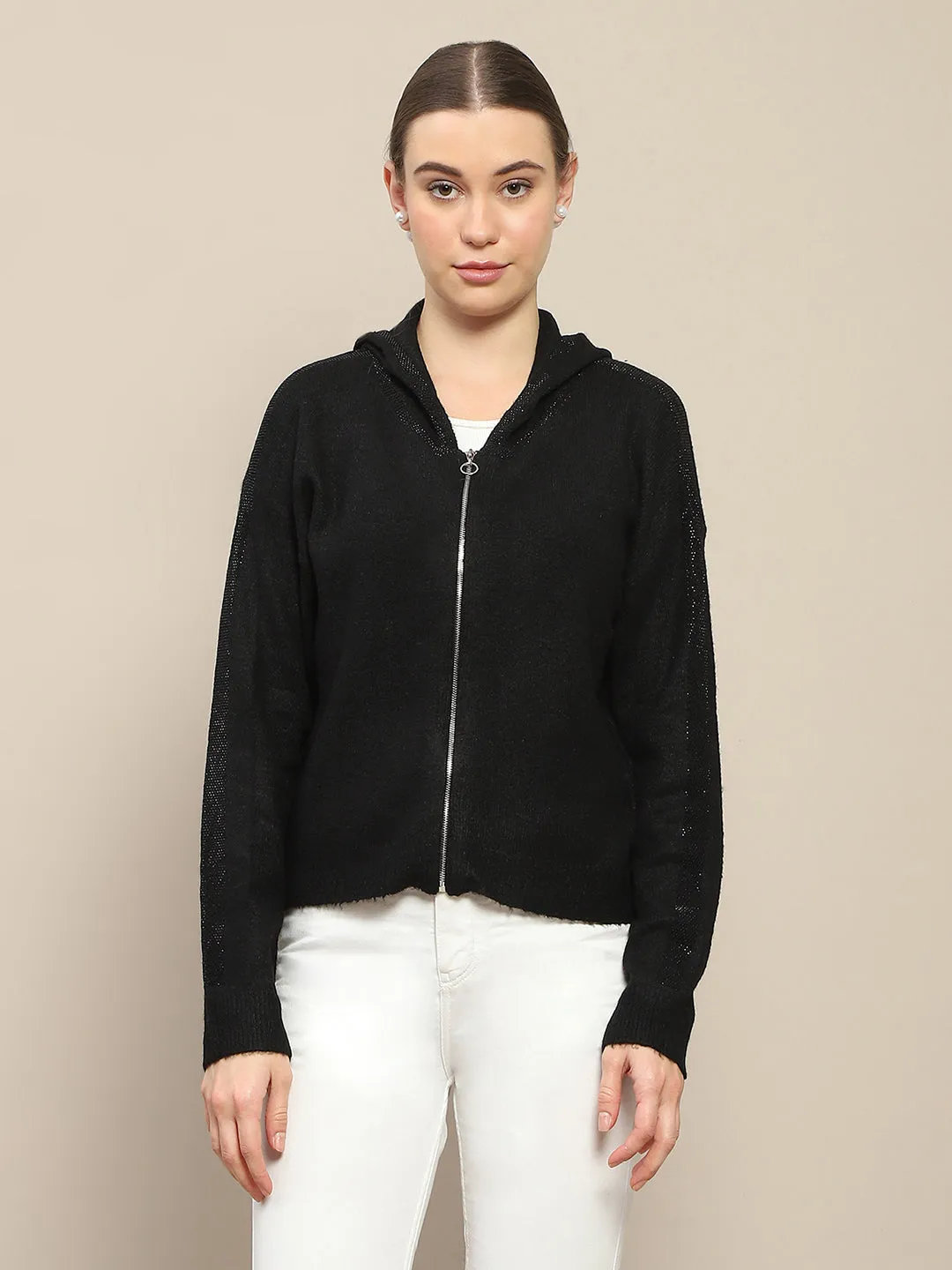 Madame Hooded Full Sleeve Black Zip Sweater