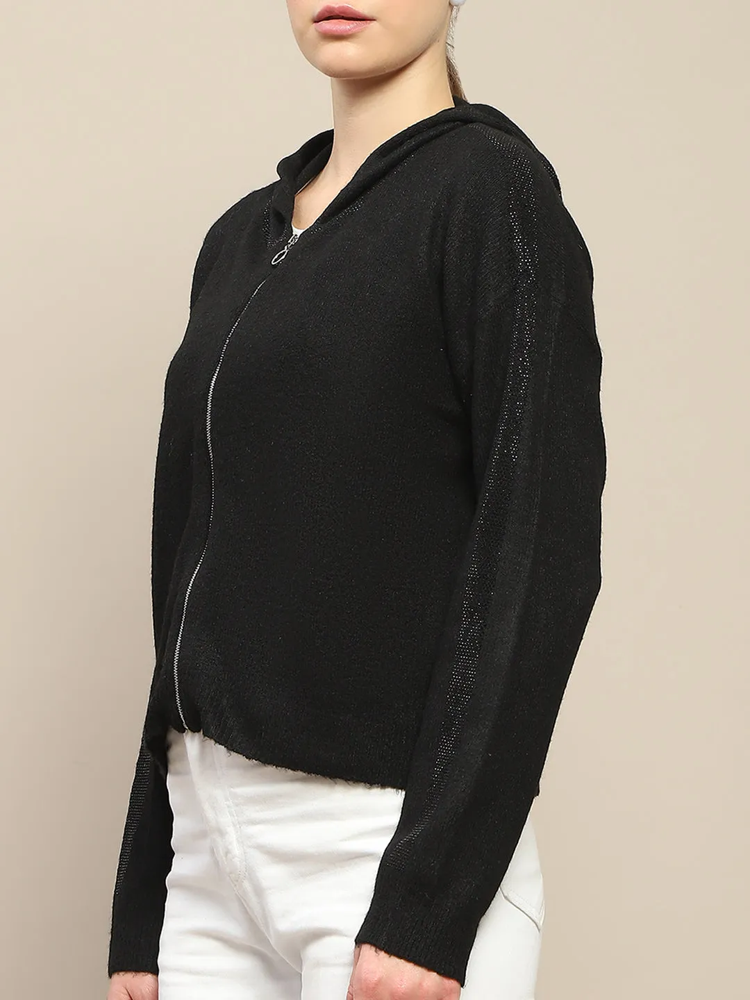 Madame Hooded Full Sleeve Black Zip Sweater