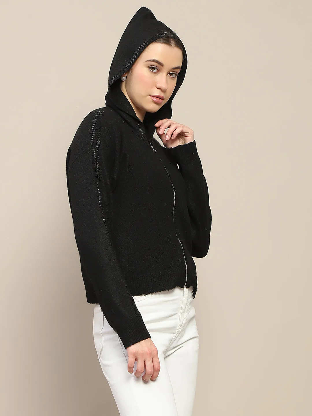 Madame Hooded Full Sleeve Black Zip Sweater