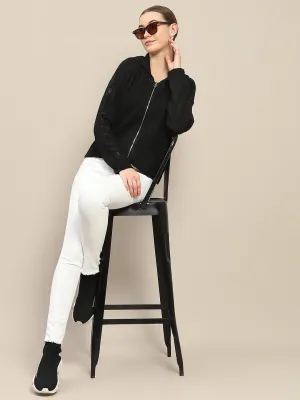 Madame Hooded Full Sleeve Black Zip Sweater