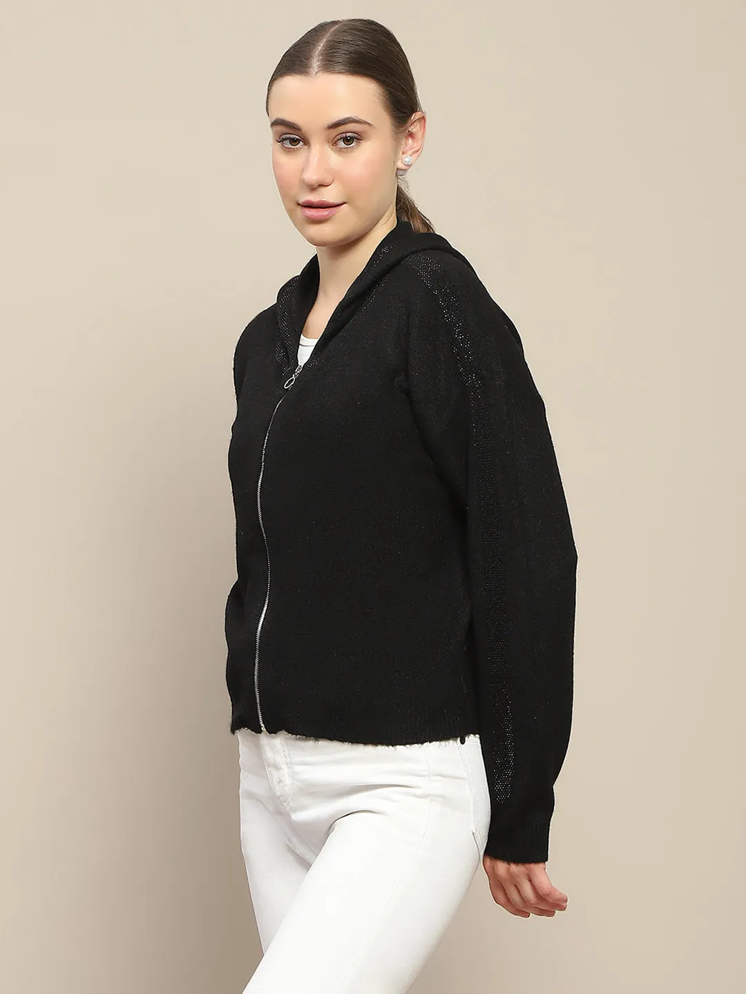 Madame Hooded Full Sleeve Black Zip Sweater