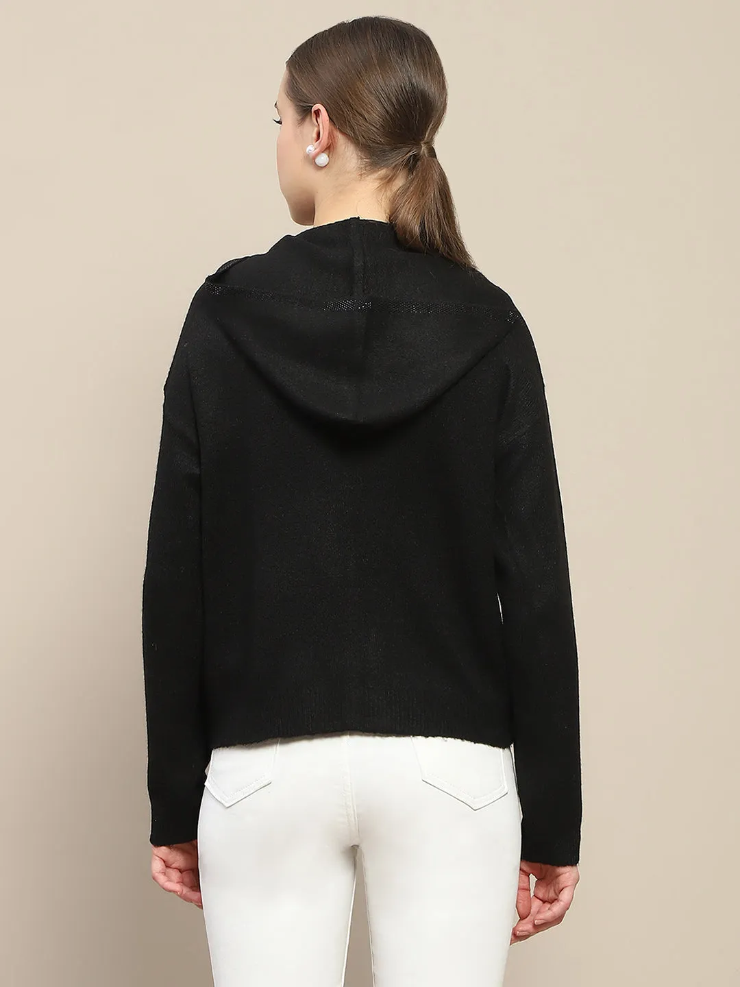 Madame Hooded Full Sleeve Black Zip Sweater