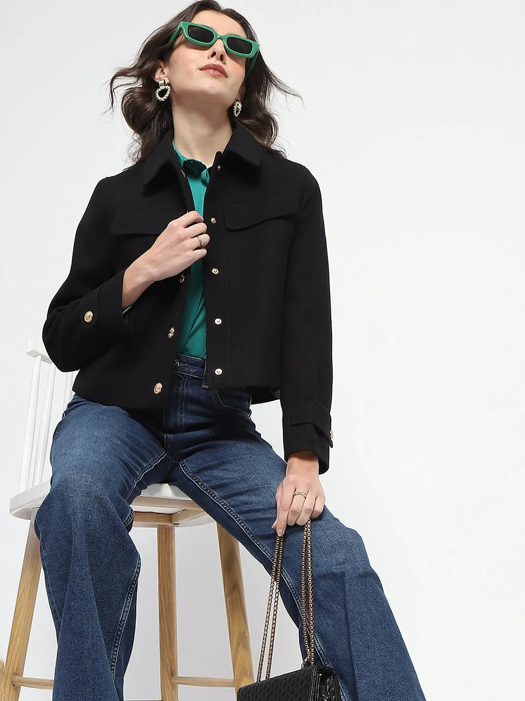 Madame Wrap Single Buttoned Black Short Coat
