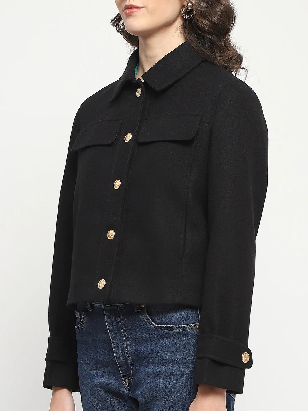 Madame Wrap Single Buttoned Black Short Coat
