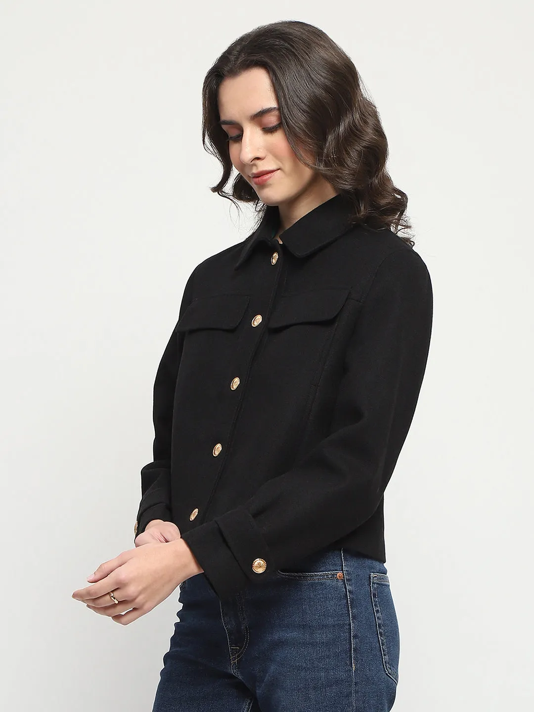 Madame Wrap Single Buttoned Black Short Coat