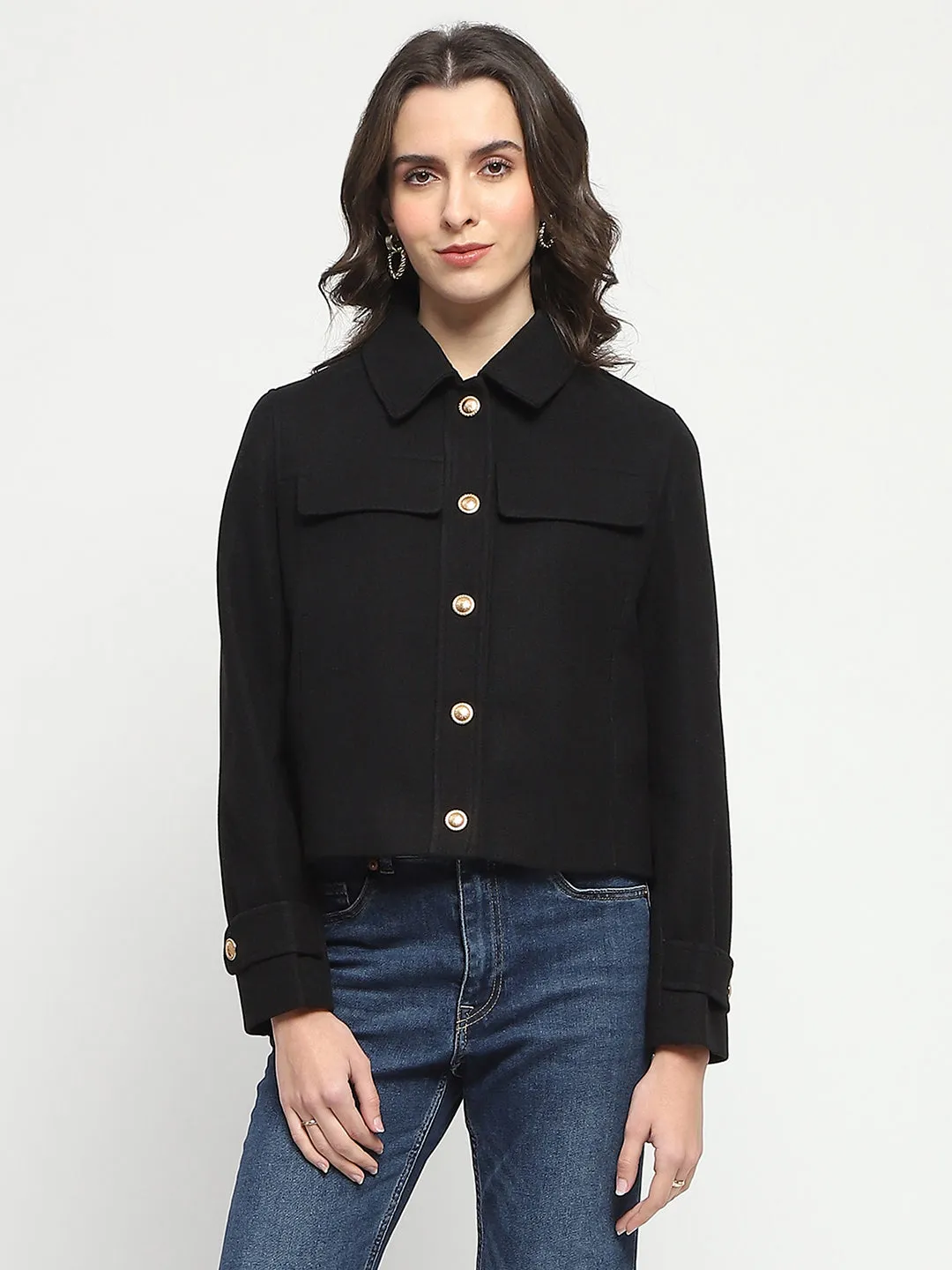 Madame Wrap Single Buttoned Black Short Coat