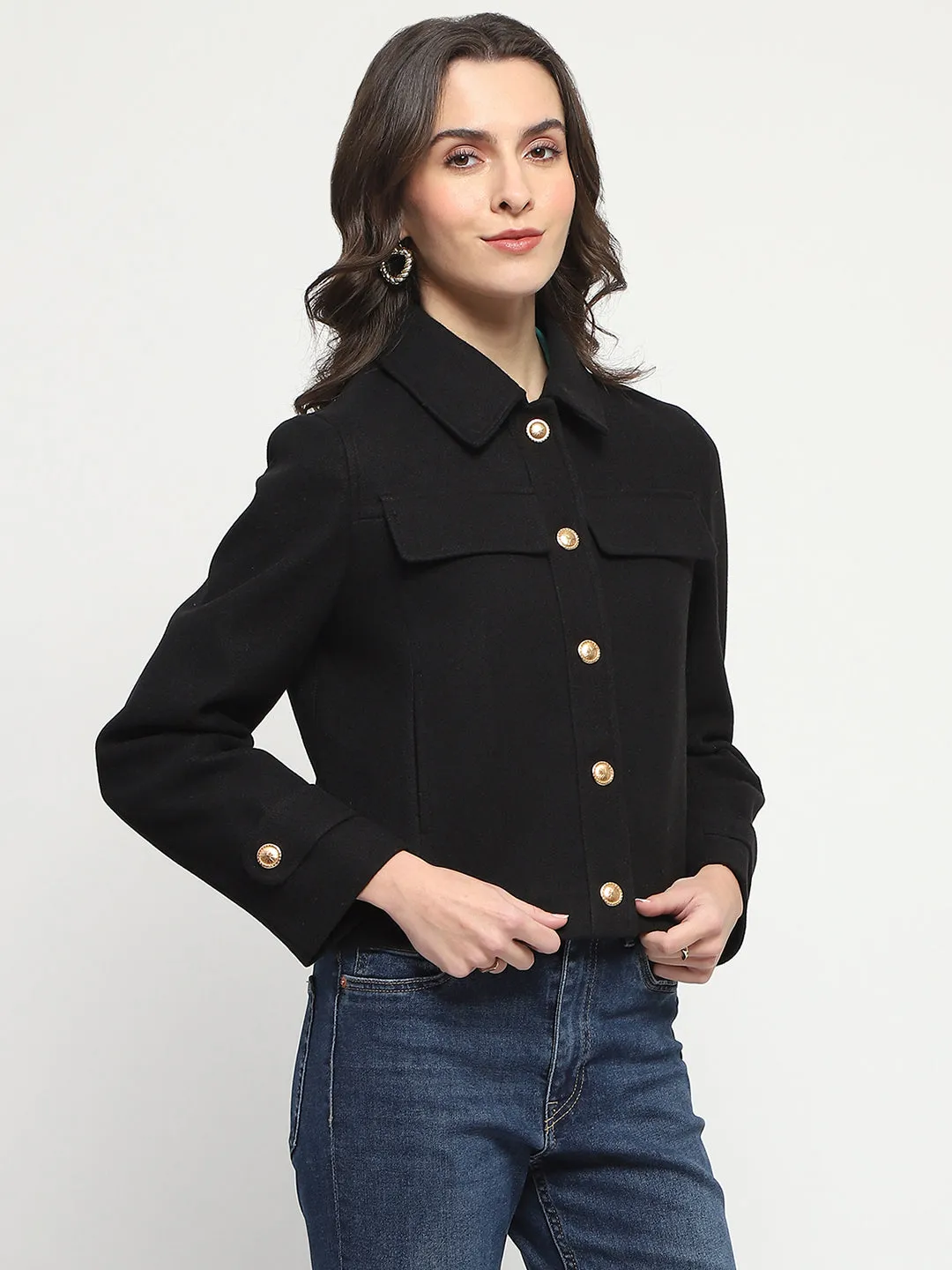 Madame Wrap Single Buttoned Black Short Coat