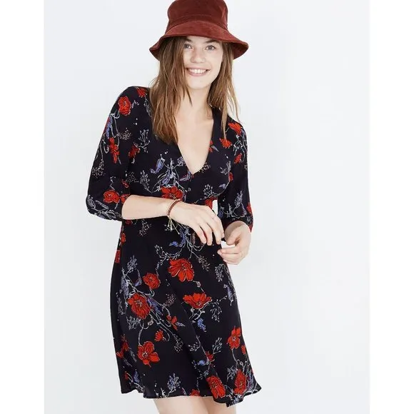 Madewell Silk Ruffle-Waist Dress in Windblown Poppies - Sz 6P