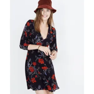 Madewell Silk Ruffle-Waist Dress in Windblown Poppies - Sz 6P