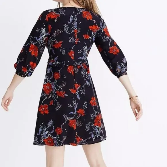 Madewell Silk Ruffle-Waist Dress in Windblown Poppies - Sz 6P