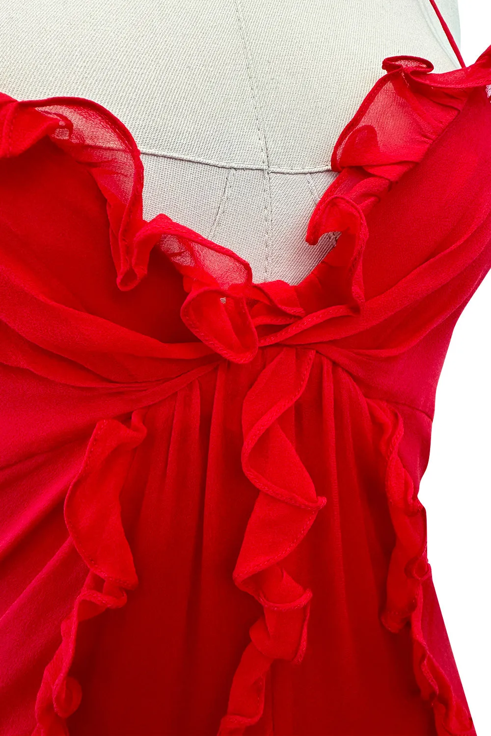 Magical 1990s Bill Blass Perfectly Minimalist Bias Cut Red Silk Chiffon Dress w Tiny Ruffle Detailing