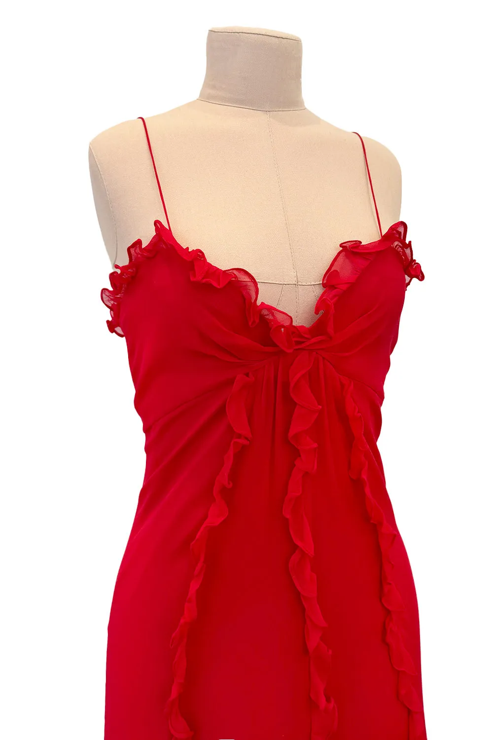 Magical 1990s Bill Blass Perfectly Minimalist Bias Cut Red Silk Chiffon Dress w Tiny Ruffle Detailing