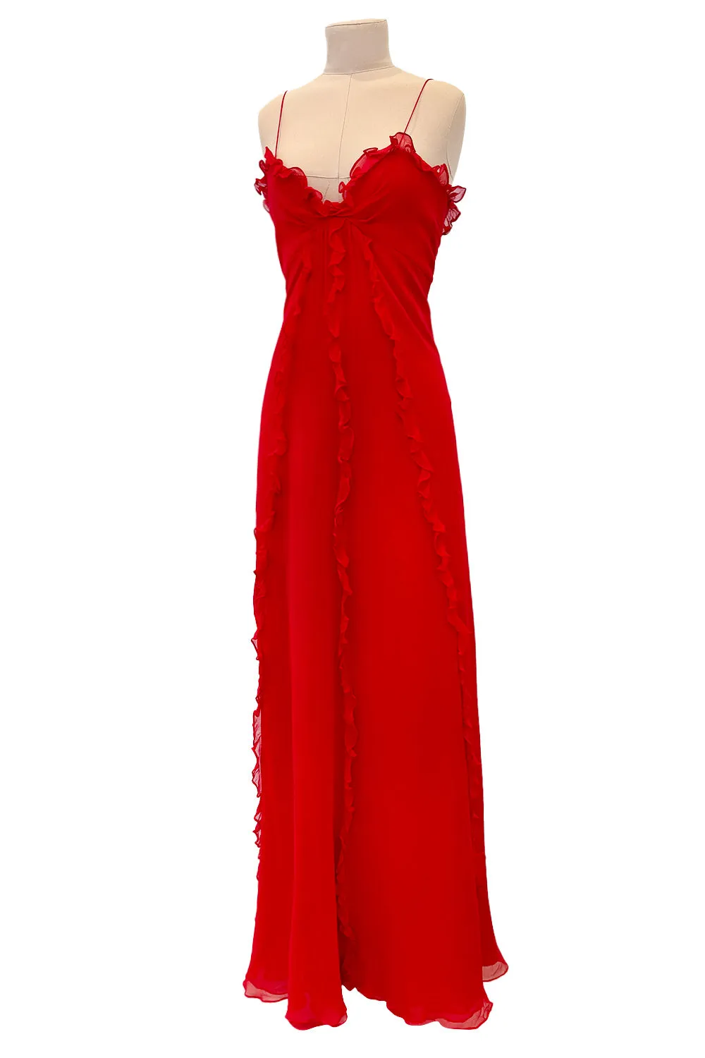 Magical 1990s Bill Blass Perfectly Minimalist Bias Cut Red Silk Chiffon Dress w Tiny Ruffle Detailing