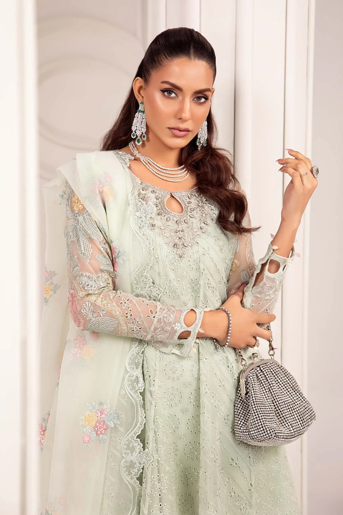 Maria B Luxury Formal Light Green Embroidered Pakistani Party Dress