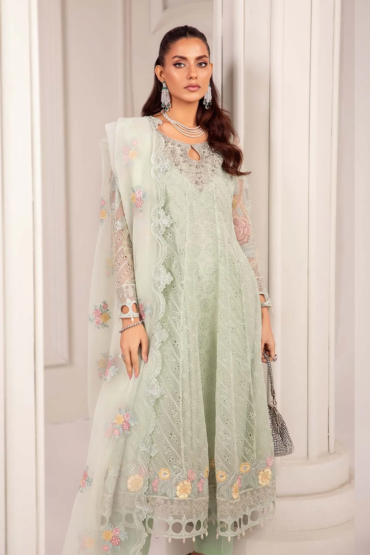 Maria B Luxury Formal Light Green Embroidered Pakistani Party Dress