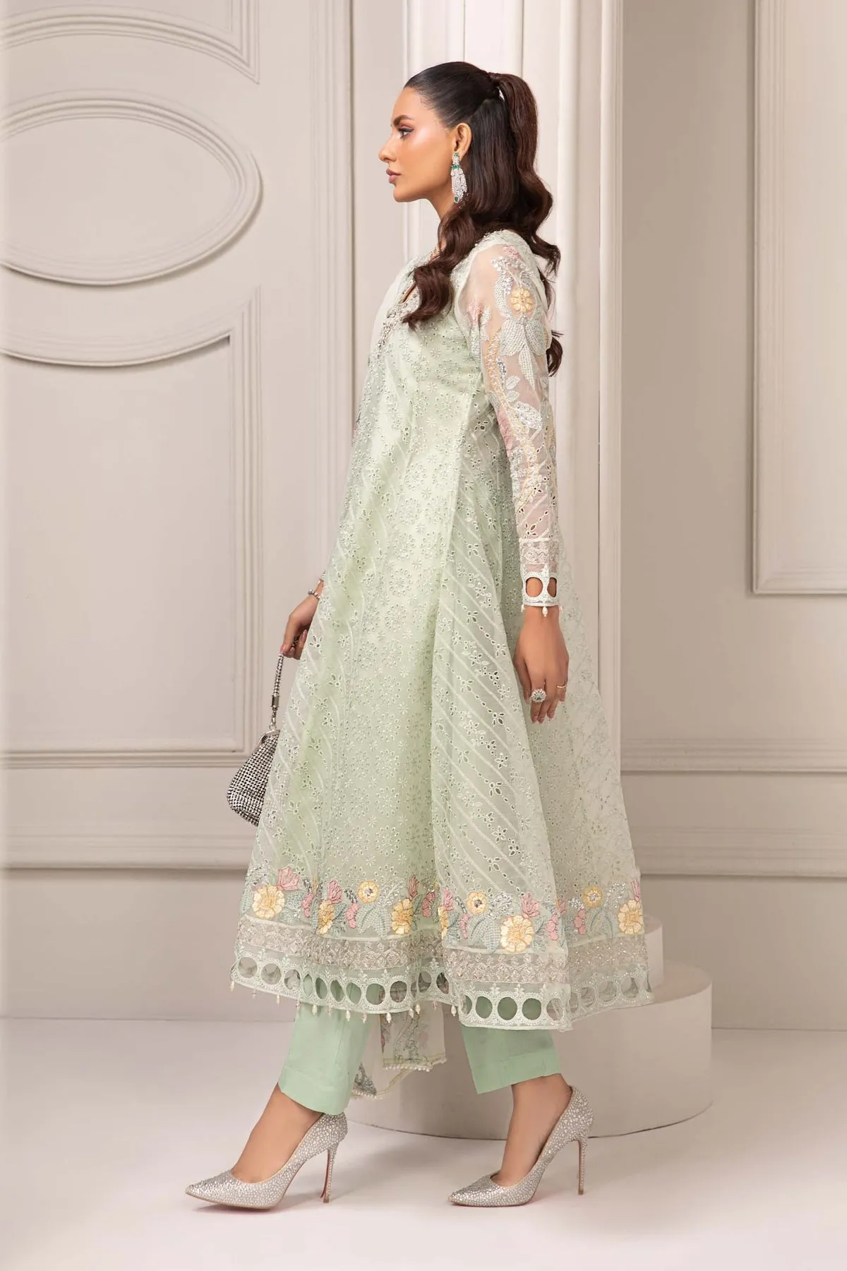 Maria B Luxury Formal Light Green Embroidered Pakistani Party Dress
