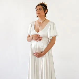 Maternity Silky Minimalist wedding dress, Elegant Satin Butterfly Sleeves Ivory  Pregnancy Dress #7001