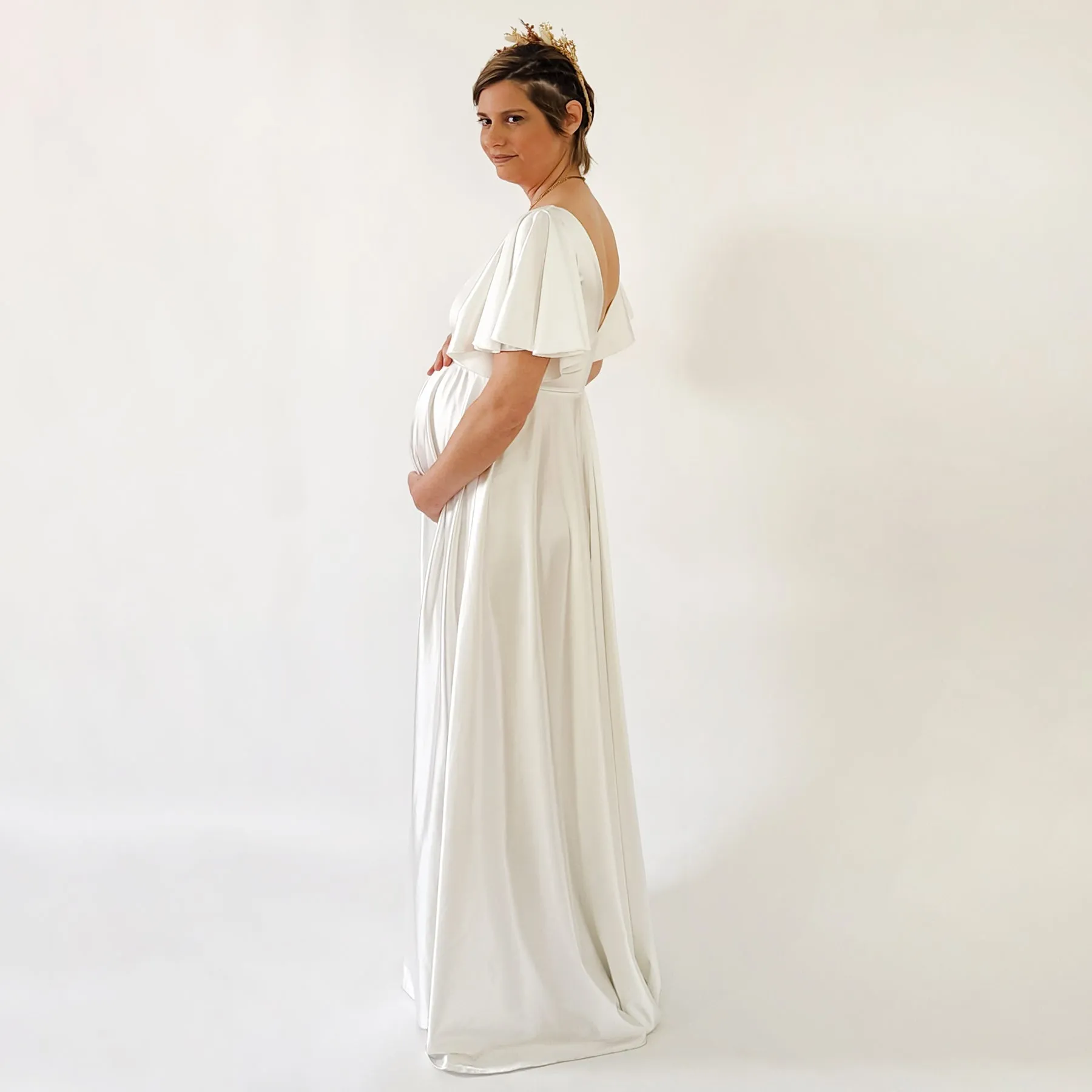Maternity Silky Minimalist wedding dress, Elegant Satin Butterfly Sleeves Ivory  Pregnancy Dress #7001