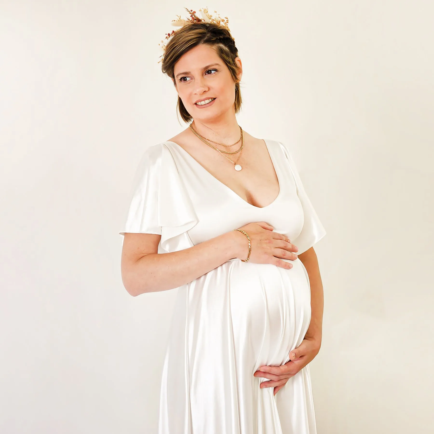 Maternity Silky Minimalist wedding dress, Elegant Satin Butterfly Sleeves Ivory  Pregnancy Dress #7001