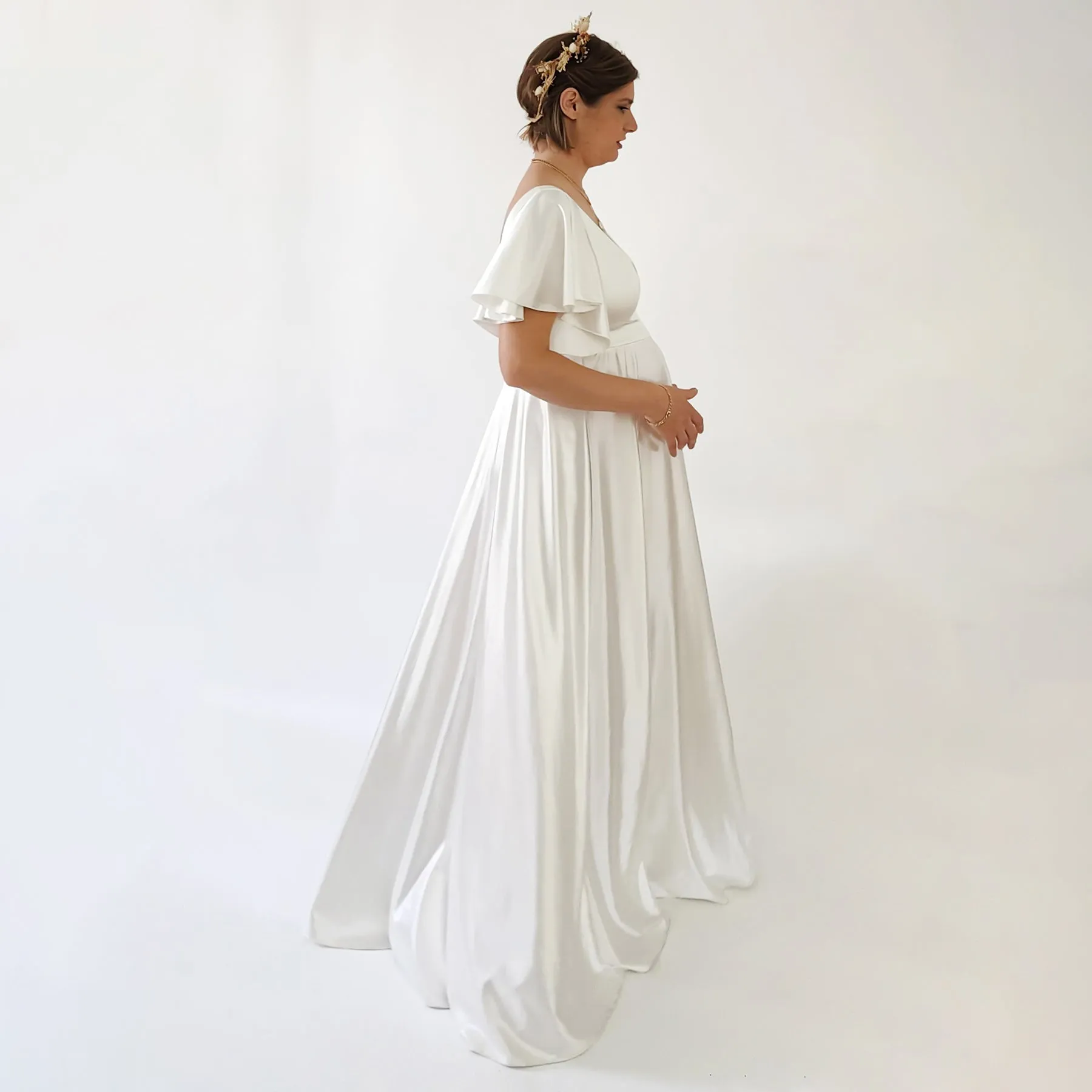 Maternity Silky Minimalist wedding dress, Elegant Satin Butterfly Sleeves Ivory  Pregnancy Dress #7001