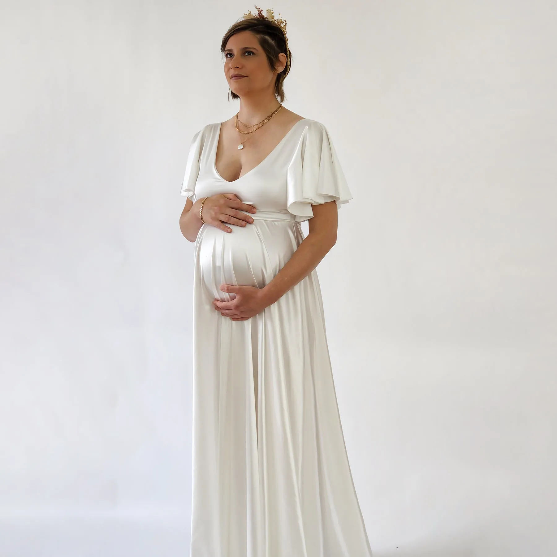 Maternity Silky Minimalist wedding dress, Elegant Satin Butterfly Sleeves Ivory  Pregnancy Dress #7001