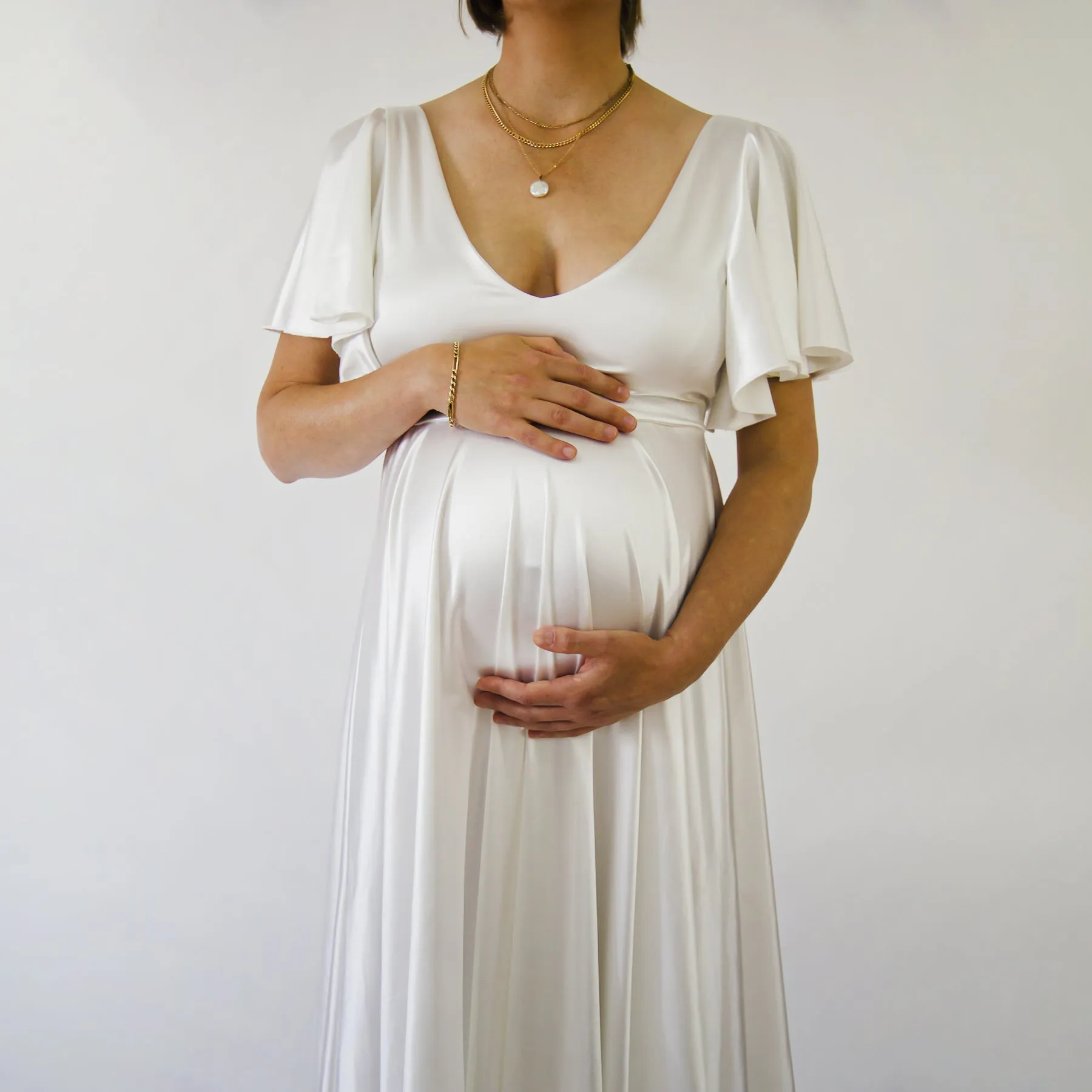 Maternity Silky Minimalist wedding dress, Elegant Satin Butterfly Sleeves Ivory  Pregnancy Dress #7001