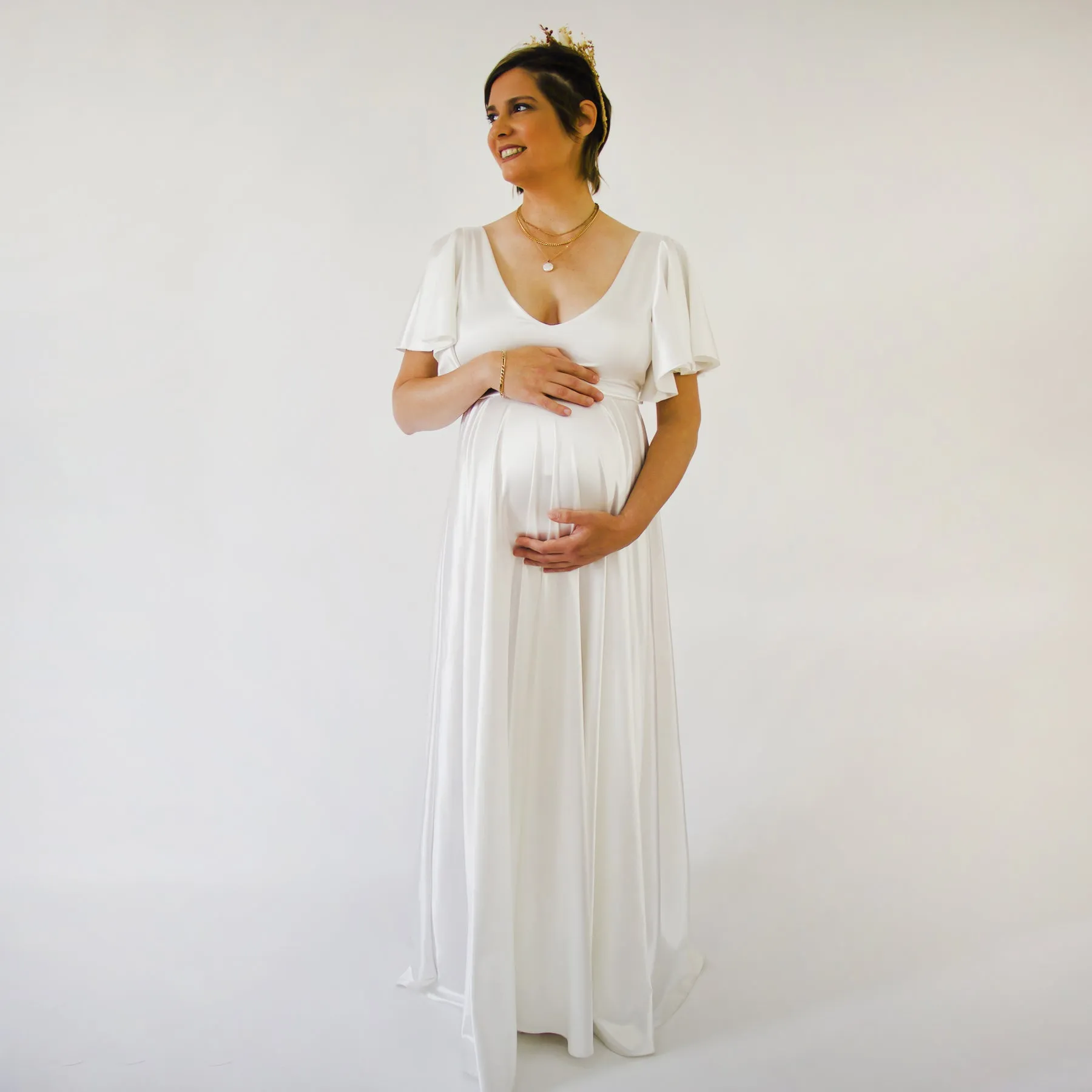 Maternity Silky Minimalist wedding dress, Elegant Satin Butterfly Sleeves Ivory  Pregnancy Dress #7001