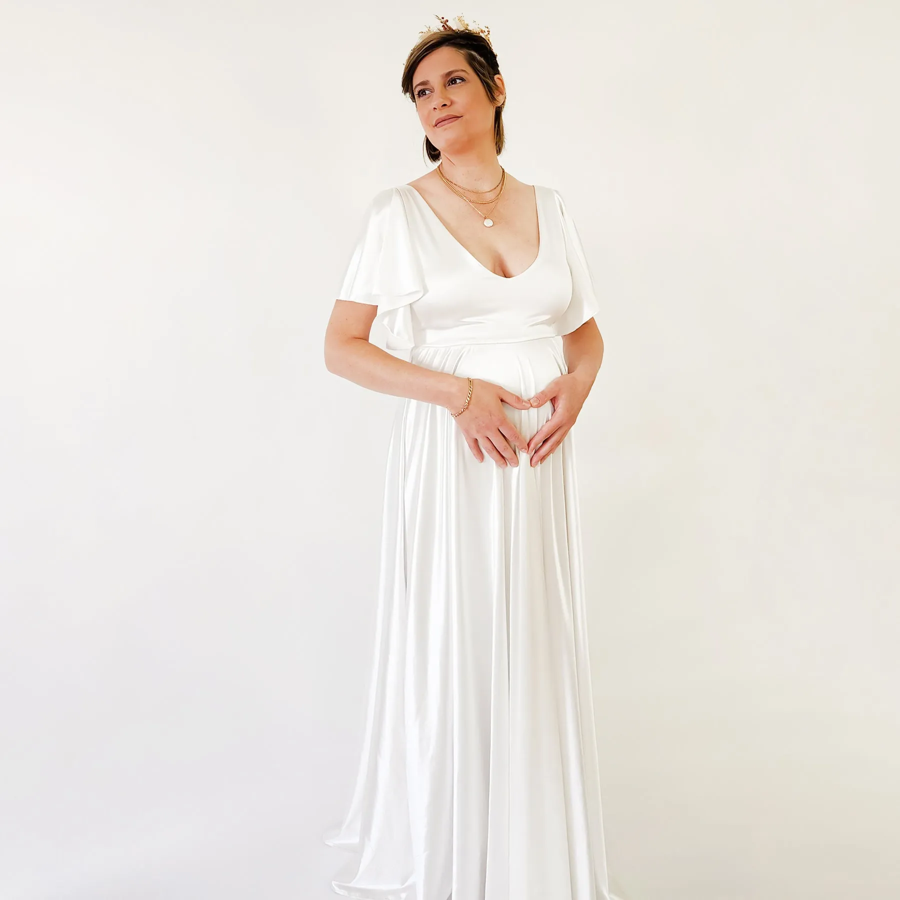 Maternity Silky Minimalist wedding dress, Elegant Satin Butterfly Sleeves Ivory  Pregnancy Dress #7001