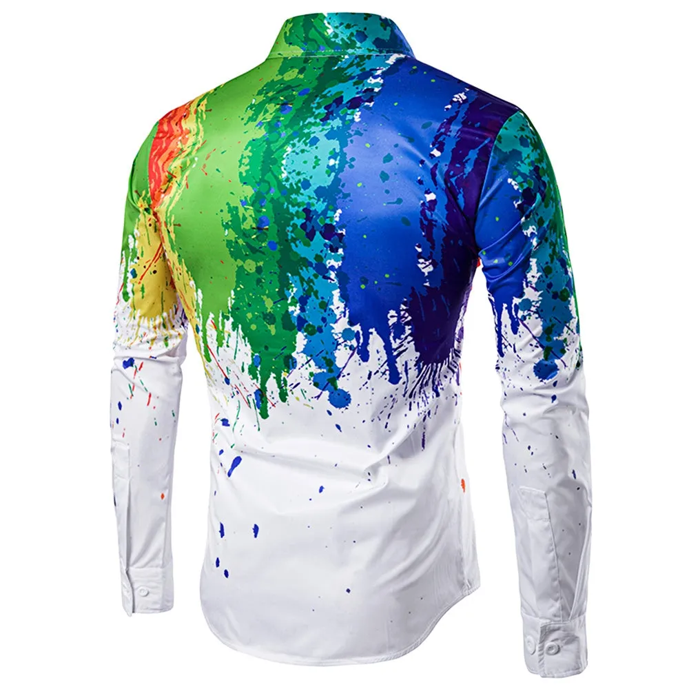 Men's Fashionable 3D Inked Print Colorful Turndown Collar Long Sleeve Shirt