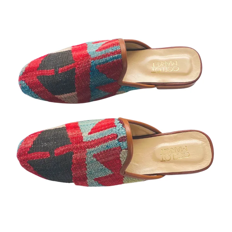 Men's Turkish Kilim Mule 12 - Red, Brown, Blue