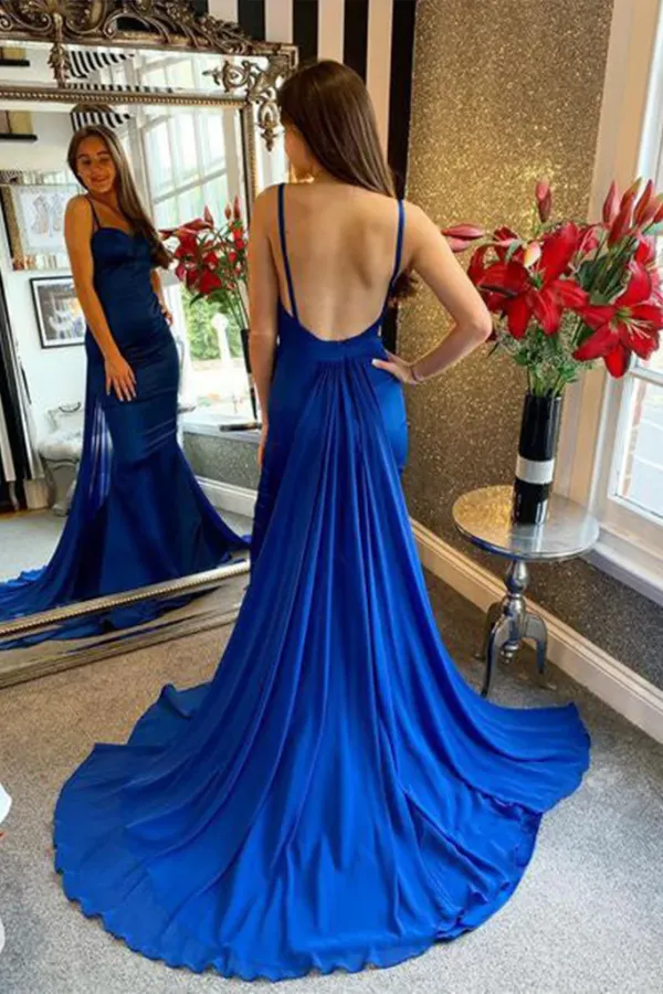 Mermaid Open Back Blue Long Prom Dress with Train, Mermaid Blue Formal Dress APP0709