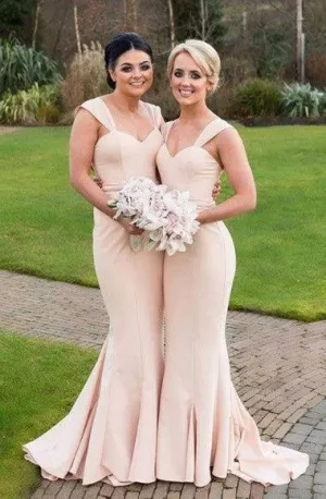 Mermaid Straps Sweep Light Pink Stretch Satin Bridesmaid Dress TP0077