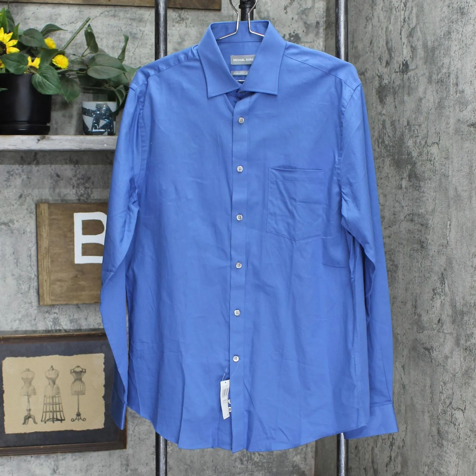 Michael Kors Long Sleeve Regular Fit Stretch Dress Shirt Slate Blue L 16 34/35