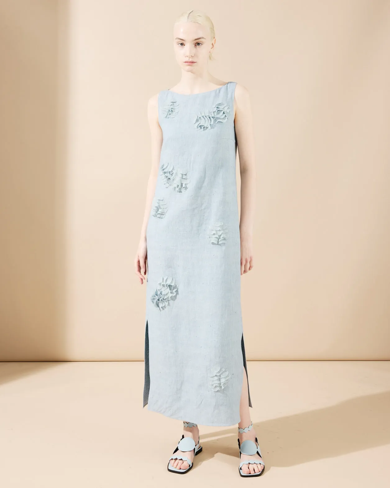 Midi Linen Dress with 3D Carnation Detail