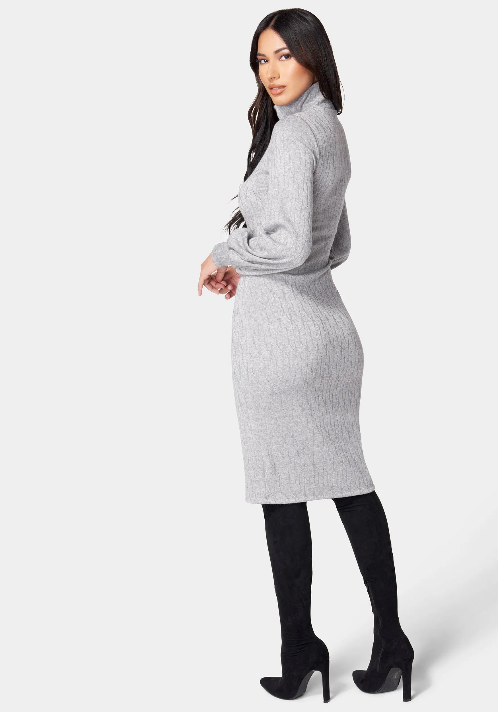 Midi Turtleneck Gather Sleeve Sweater Dress