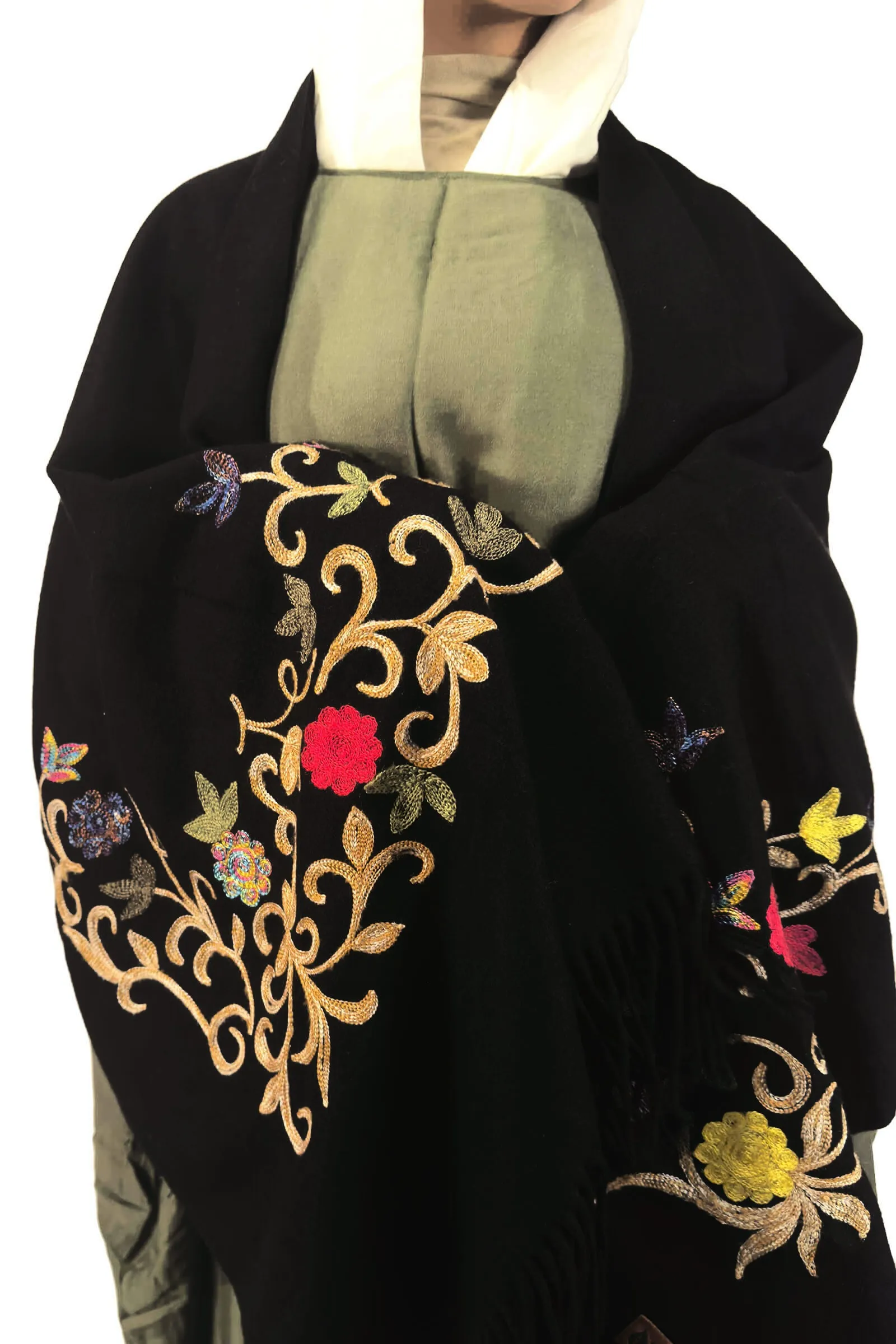 Midnight Blossoms Embroidered Black Shawl