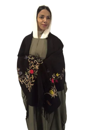 Midnight Blossoms Embroidered Black Shawl