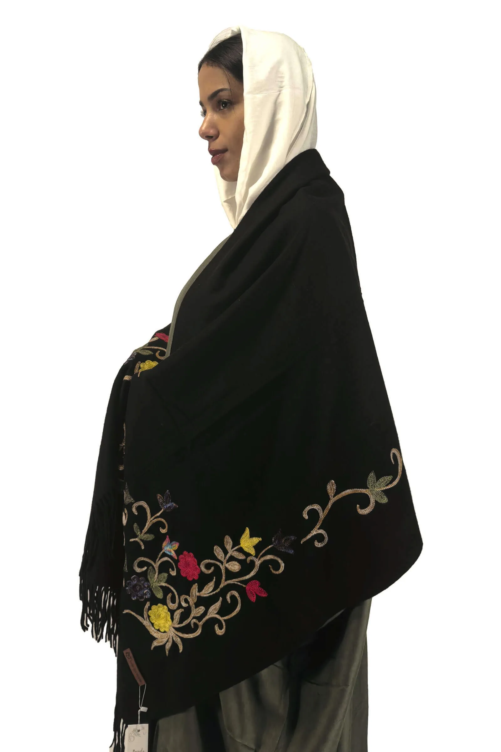 Midnight Blossoms Embroidered Black Shawl