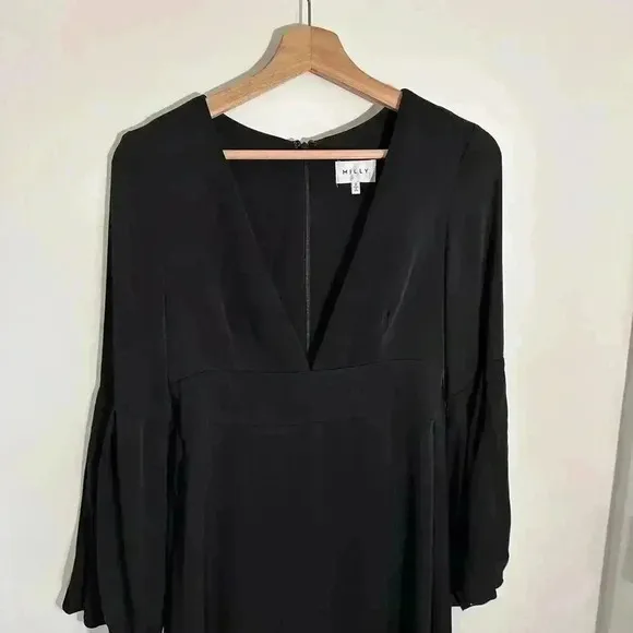 Milly Kayla Deep-V Sheath Dress Bow Back LBD Balloon Sleeve Silk | Black | SZ 2