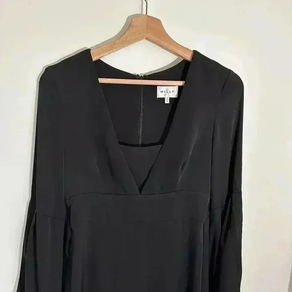 Milly Kayla Deep-V Sheath Dress Bow Back LBD Balloon Sleeve Silk | Black | SZ 2