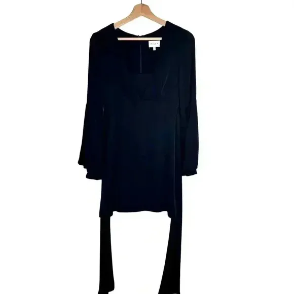 Milly Kayla Deep-V Sheath Dress Bow Back LBD Balloon Sleeve Silk | Black | SZ 2