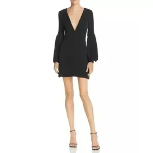 Milly Kayla Deep-V Sheath Dress Bow Back LBD Balloon Sleeve Silk | Black | SZ 2