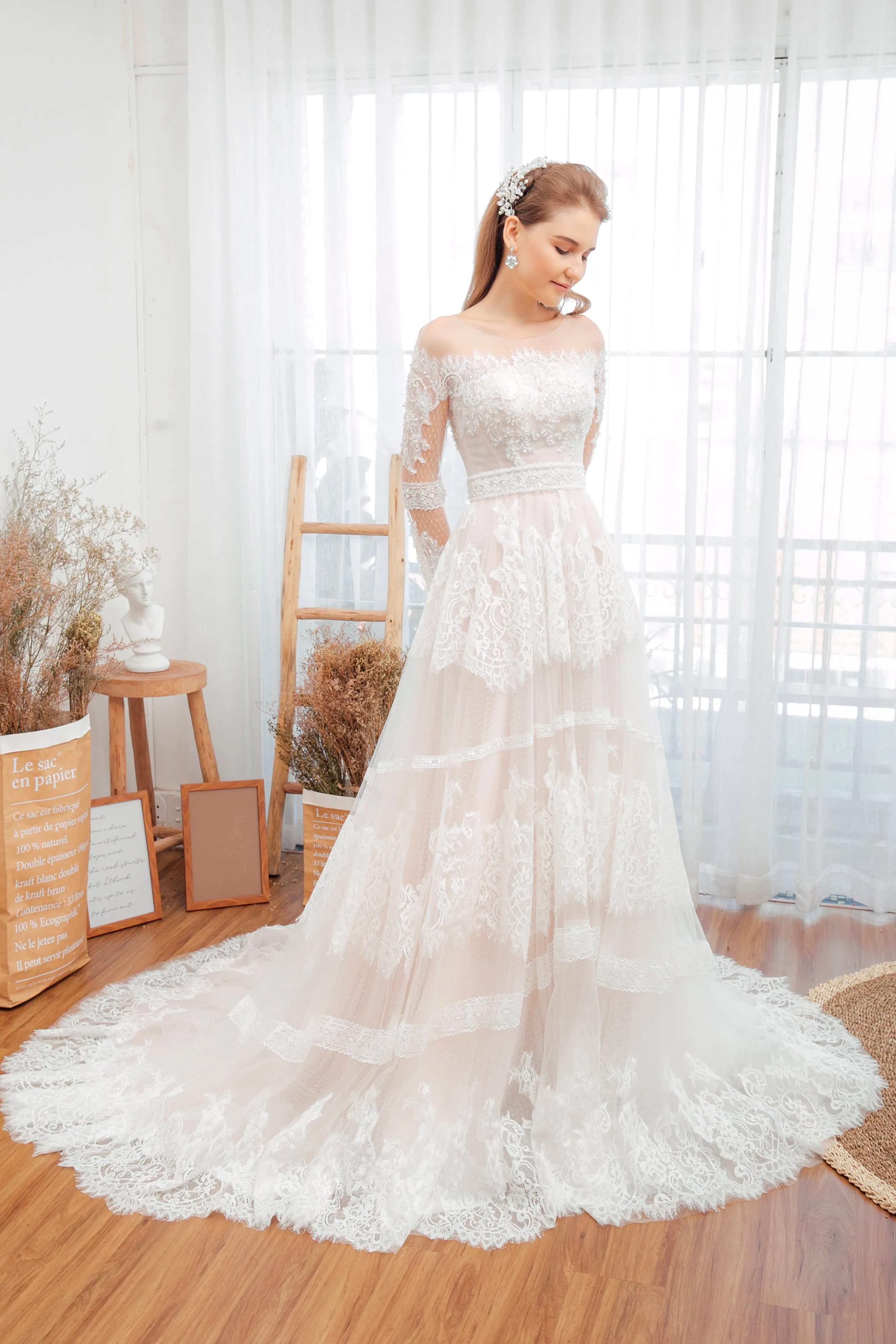 Minimalist A-Line Tulle Lace Handmade Wedding Dress