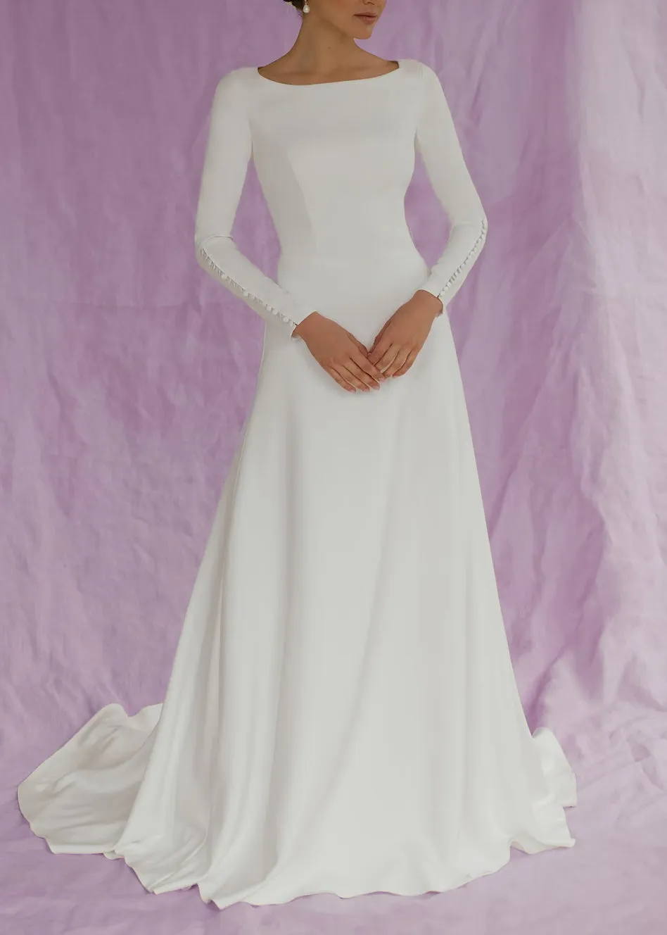 Minimalist Crepe Modest A-line Wedding Dress with Sleeve ET3046